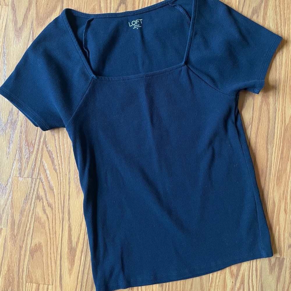 LOFT Outlet Navy Short Sleeve Top Cotton Square Neck Classic Women's Sz Medium